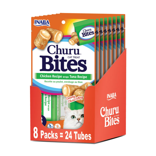 INABA Churu Bites cat treats shown with the Tuna Recipe package front.
