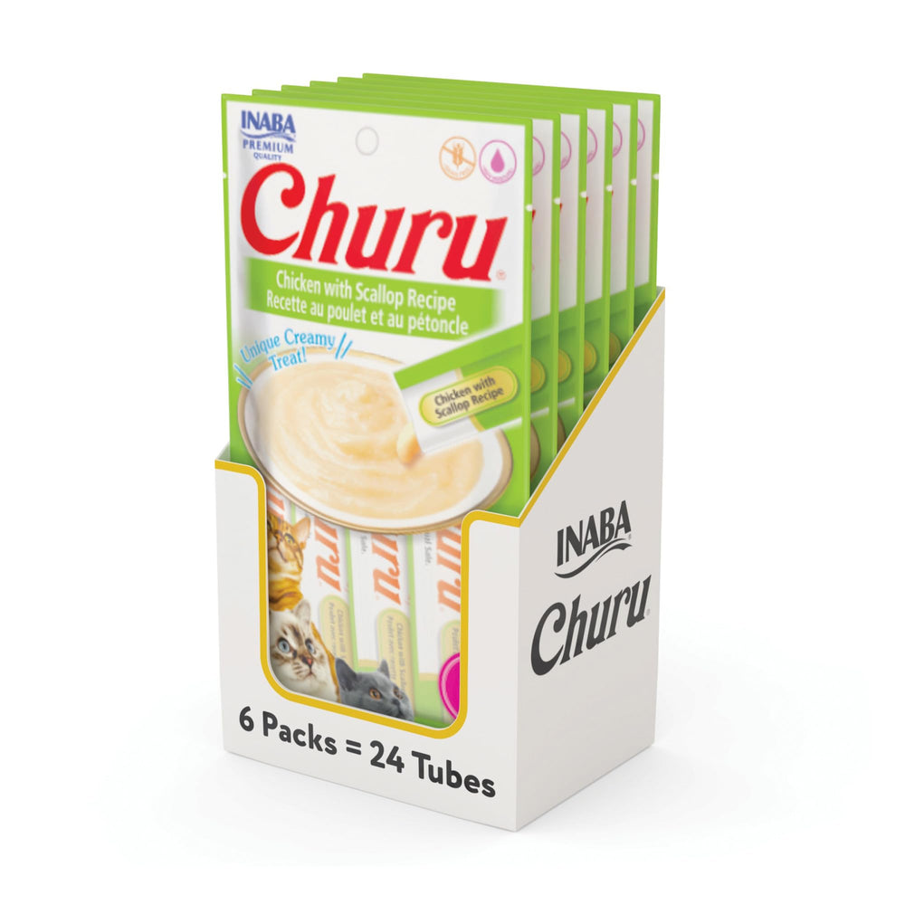 INABA Churu cat treats pack front showing the Chicken with Scallop recipe.