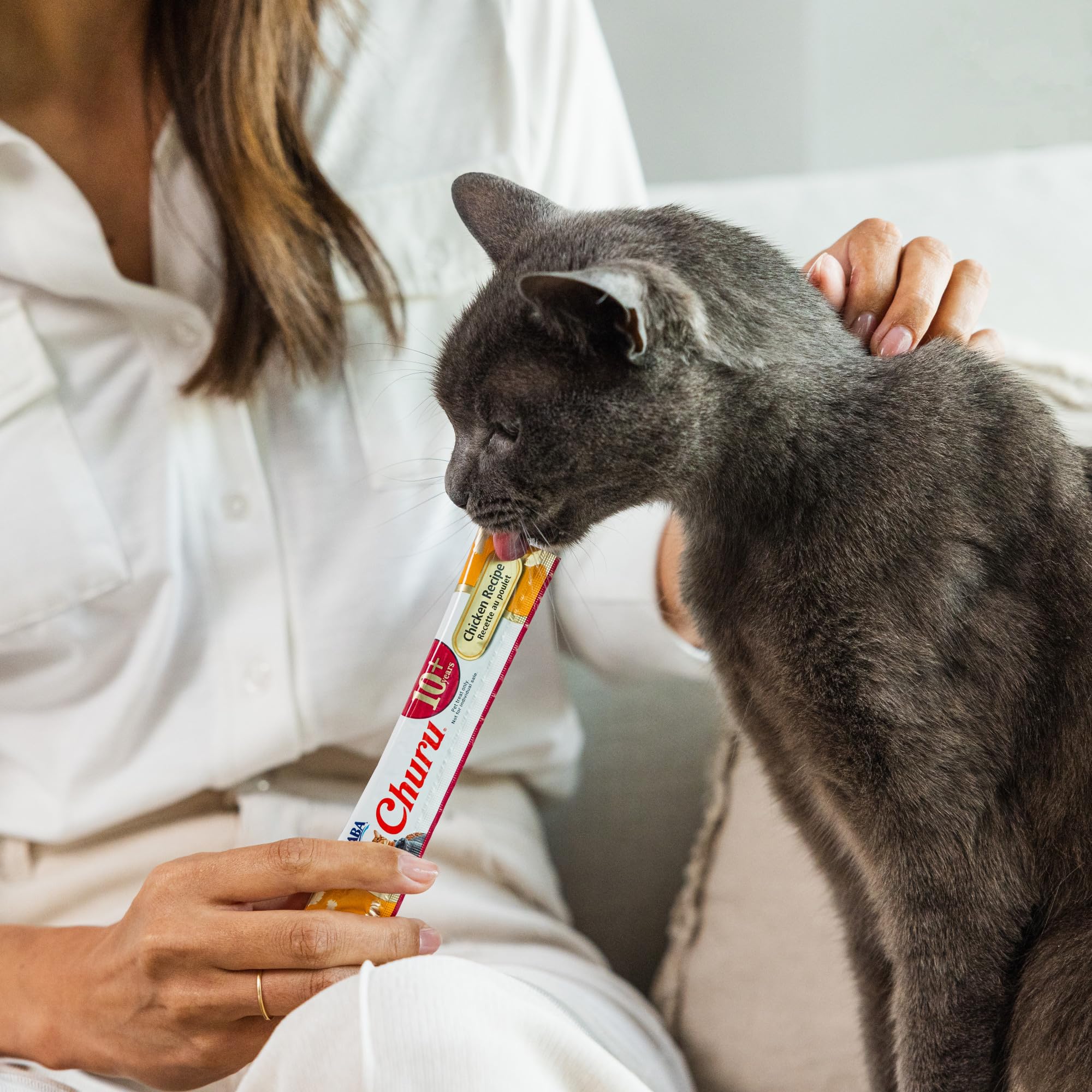 INABA Churu Senior Tuna cat treats with the ingredient label in focus.