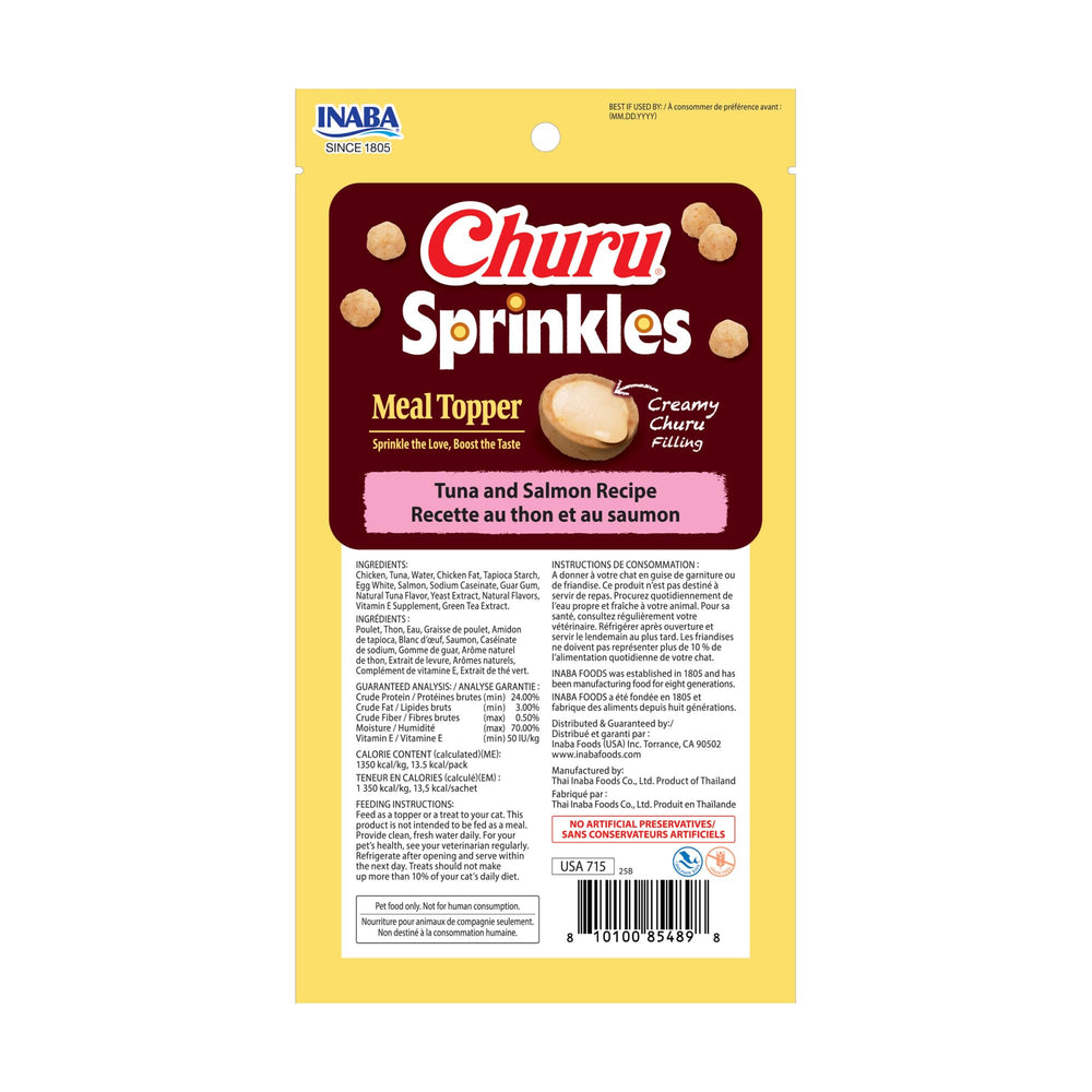 INABA Churu Sprinkles 18-count pack shown with its product contents.