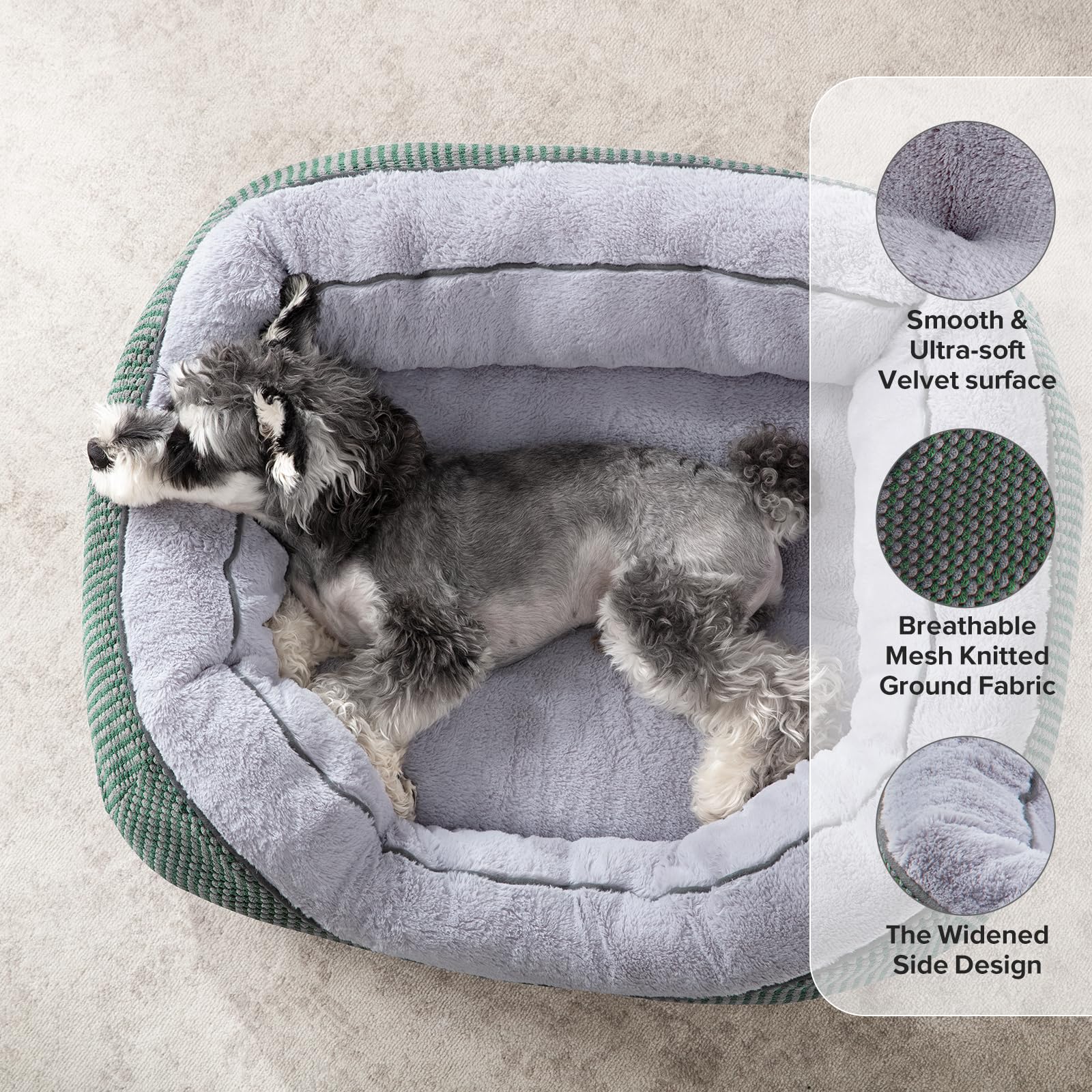 INVENHO dog bed close-up showing the wide raised bolsters for resting a pet’s head.