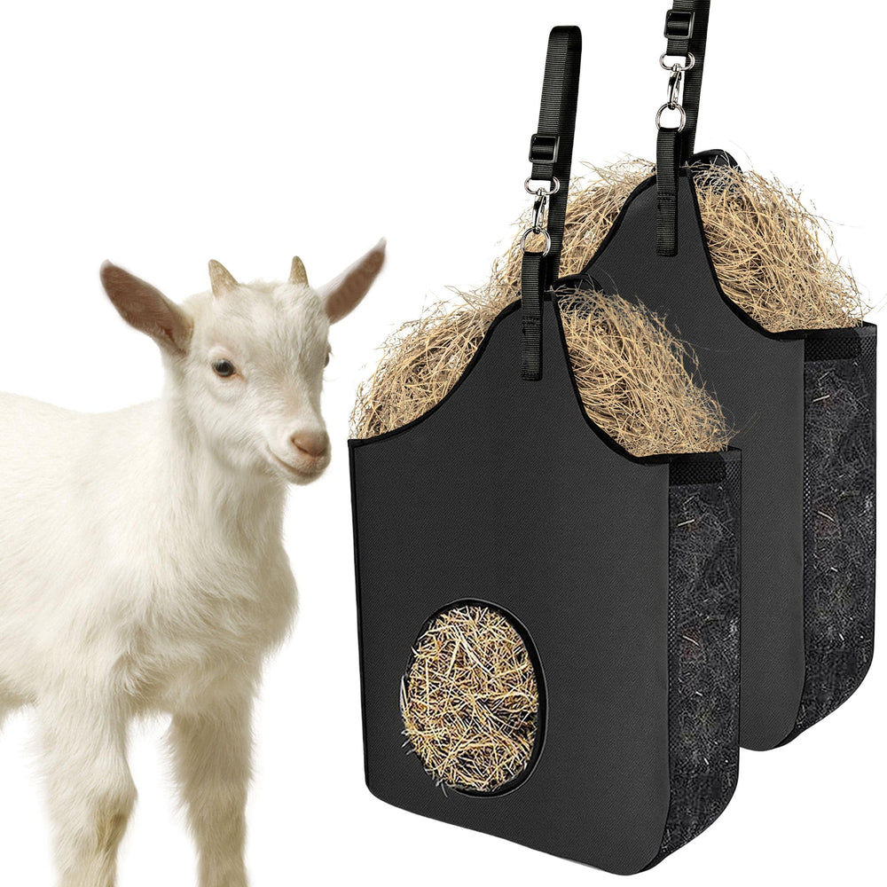 INKNOTE hay feeder bag shown from the front with its hanging strap.