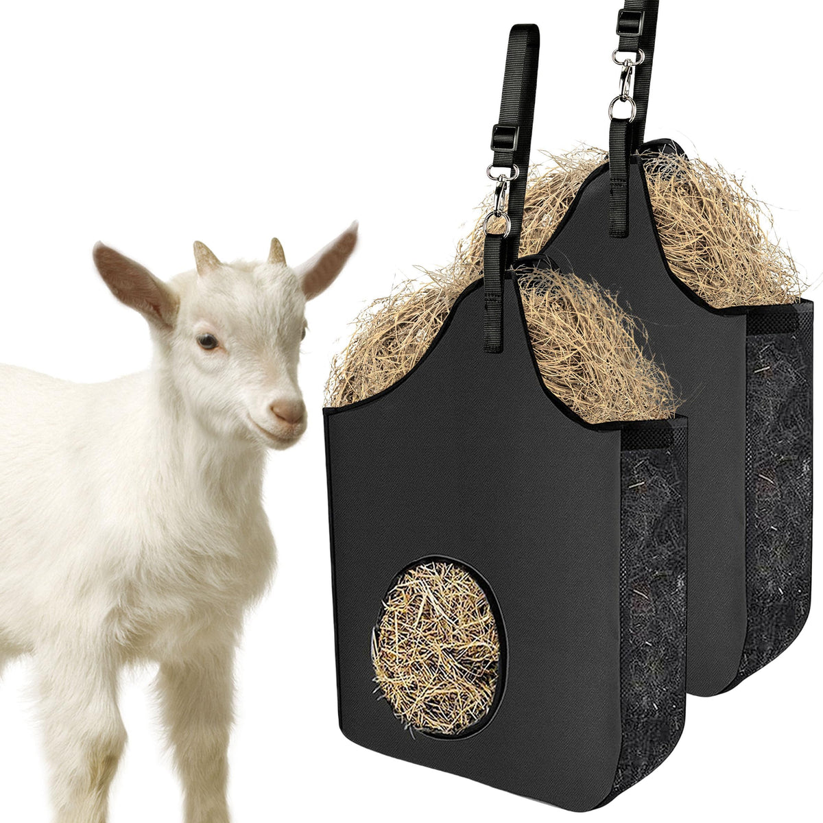 INKNOTE hay feeder bag shown from the front with its hanging strap.