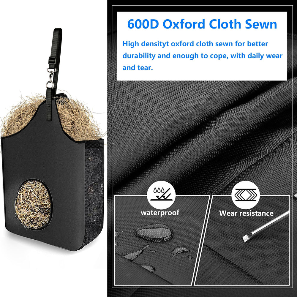 INKNOTE hay feeder bag hanging for livestock hay feeding.