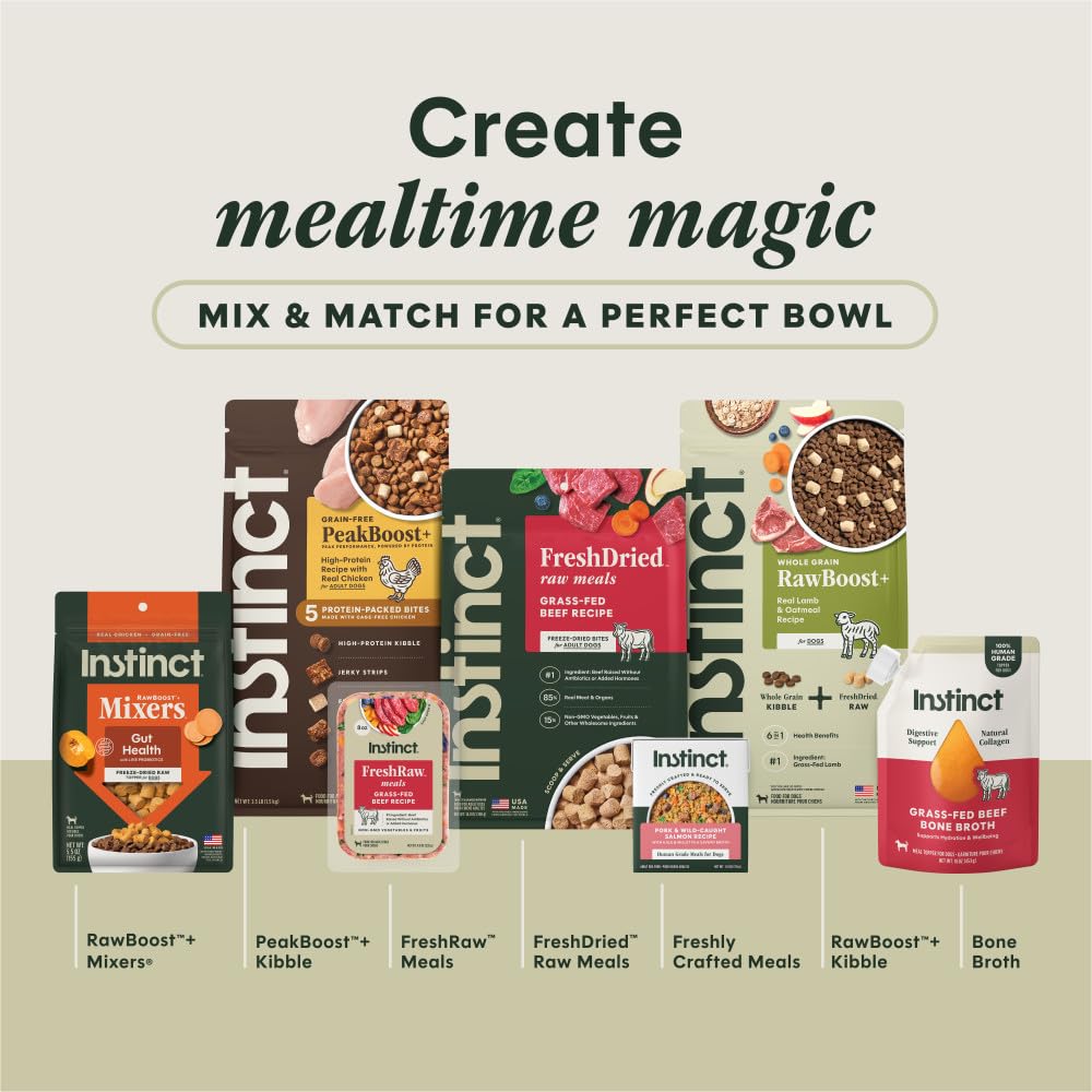 Instinct RawBoost dry dog food package nutrition information panel.