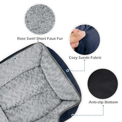 INVENHO dog bed with a close view of its rose swirl short faux fur cover.