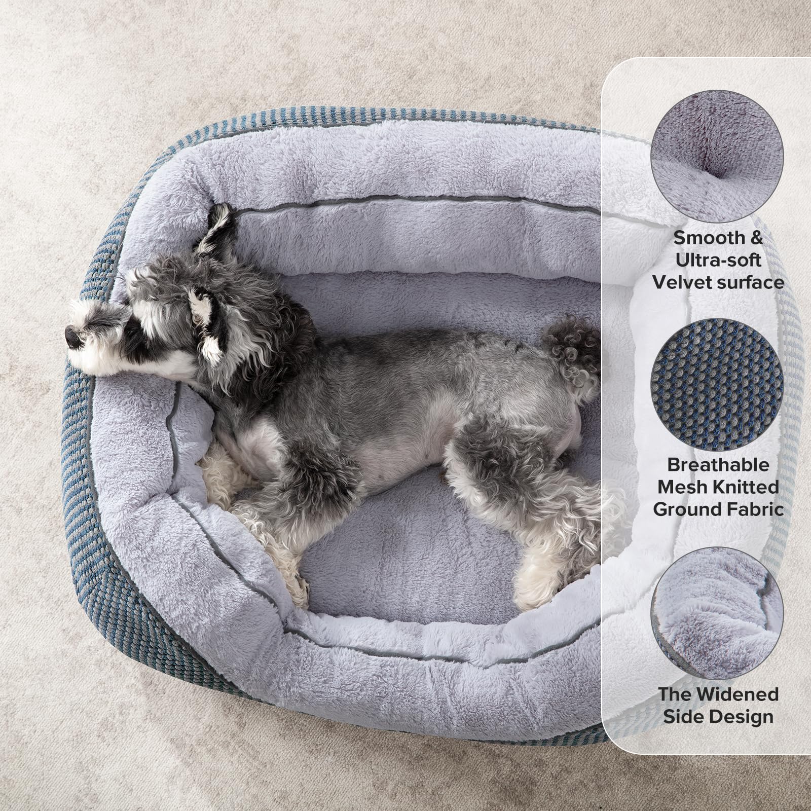 INVENHO dog bed close-up of the wide raised bolsters for resting a pet’s head.