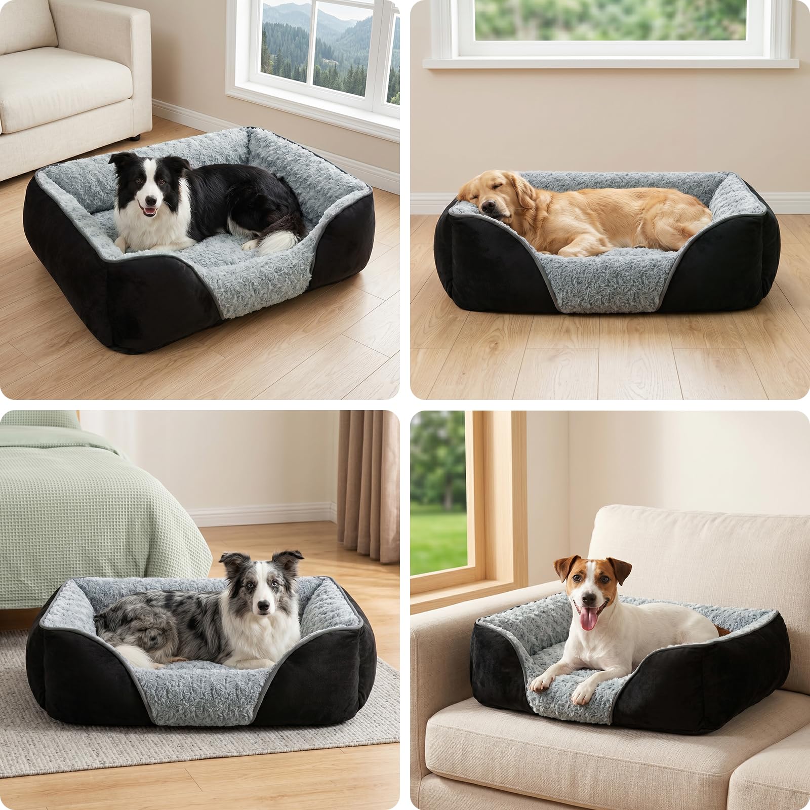 INVENHO dog bed shown with its machine-washing and drying care steps.