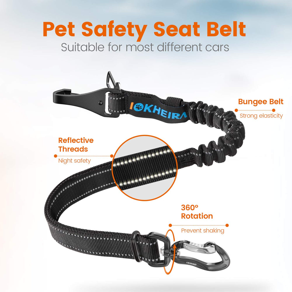 IOKHEIRA dog seat belt showing the sliding metal length adjustment hardware.