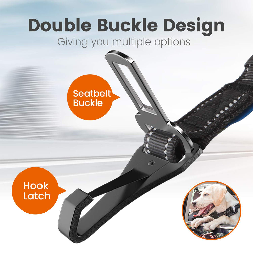 IOKHEIRA dog seat belt showing its hook latch and vehicle seatbelt buckle.