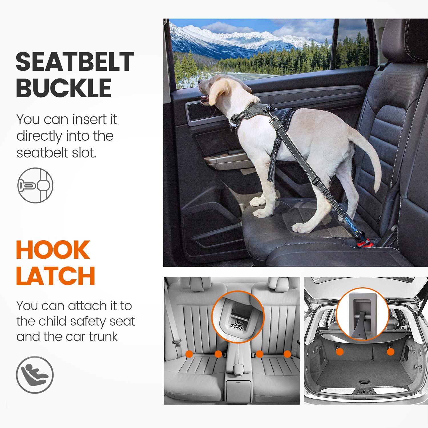 IOKHEIRA dog seat belt shown attached for use during a car journey.