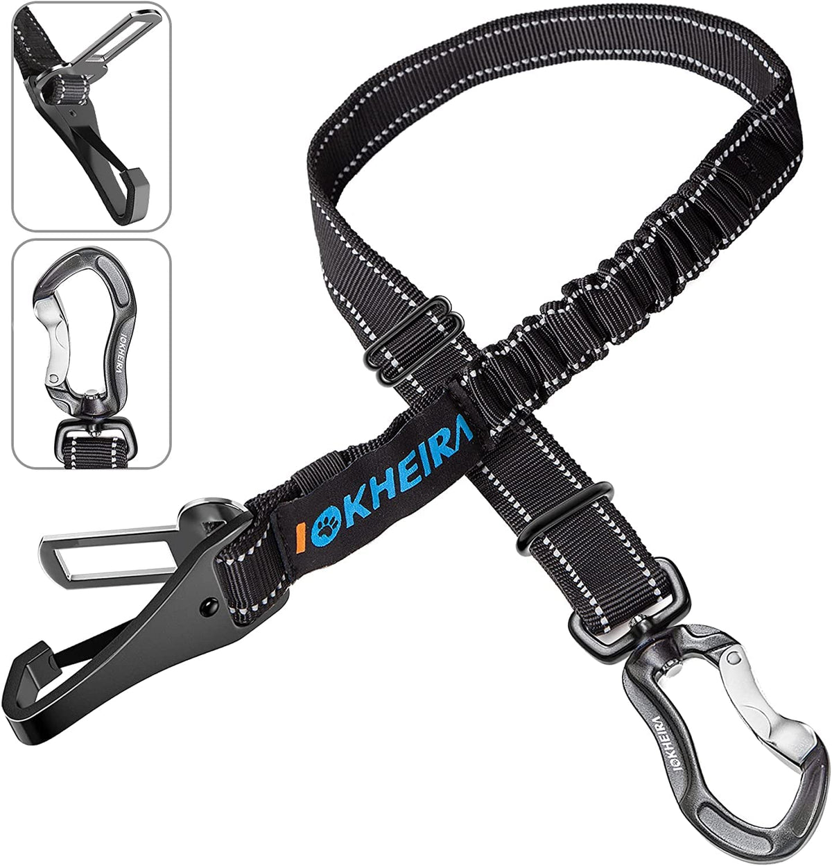 IOKHEIRA dog seat belt shown from the front with its adjustable strap and attachment ends.