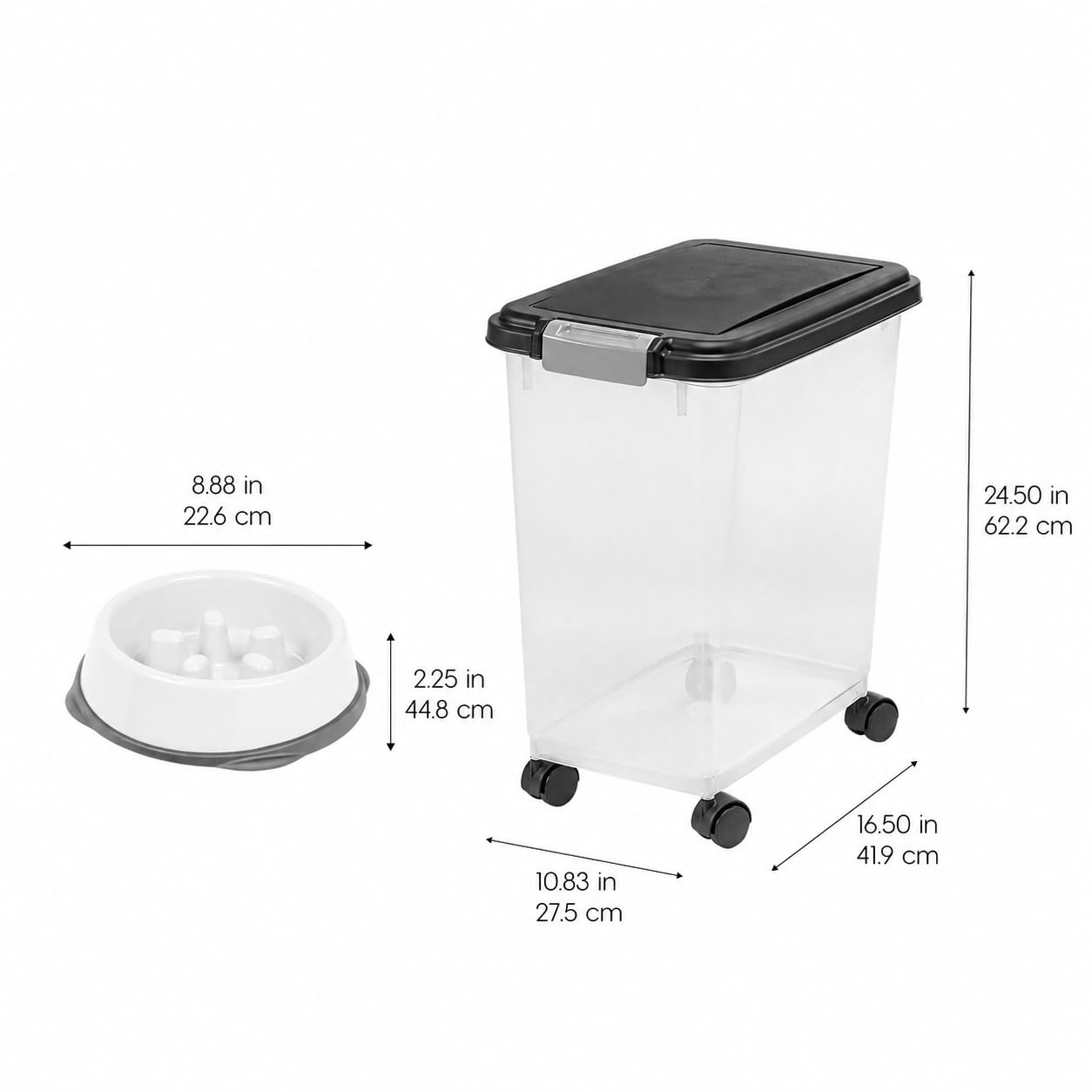 IRIS USA dog food container shown with its attachable wheels in place.