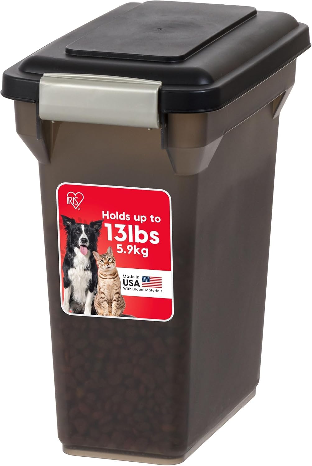 IRIS USA dog food storage container shown from the front in its smoke color.