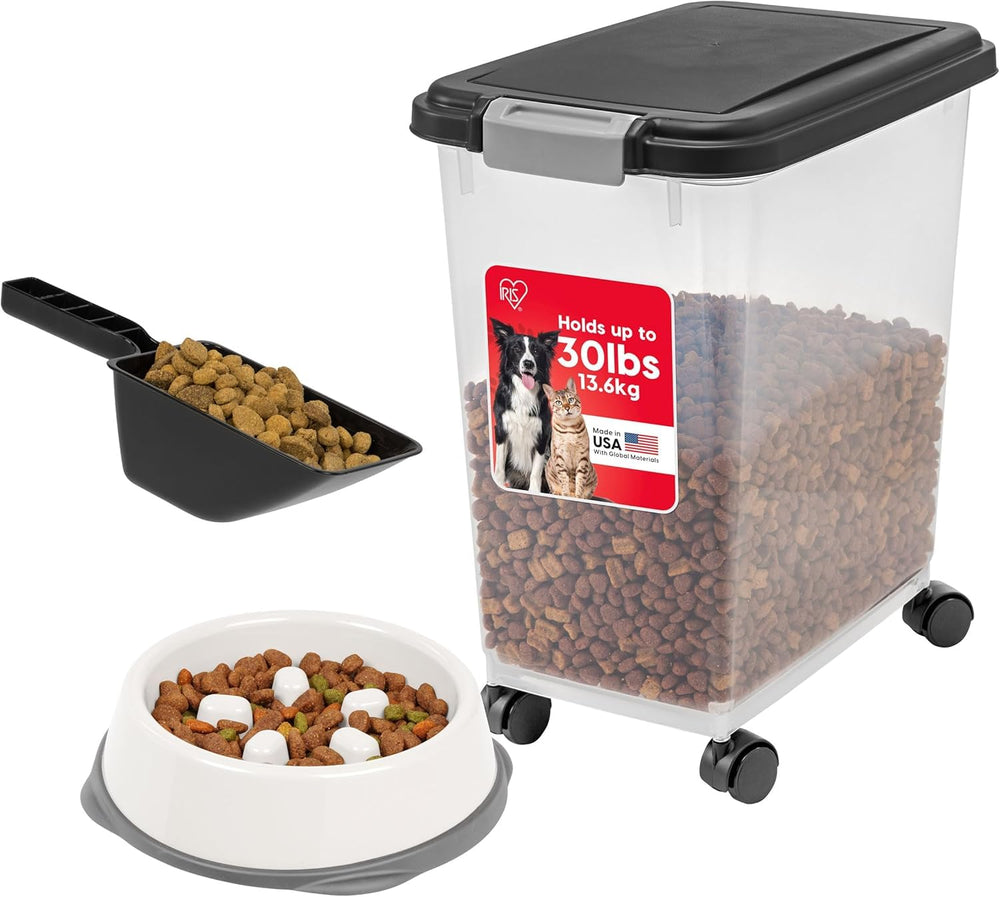 IRIS USA dog food container and slow feeder bowl set shown together from the front.