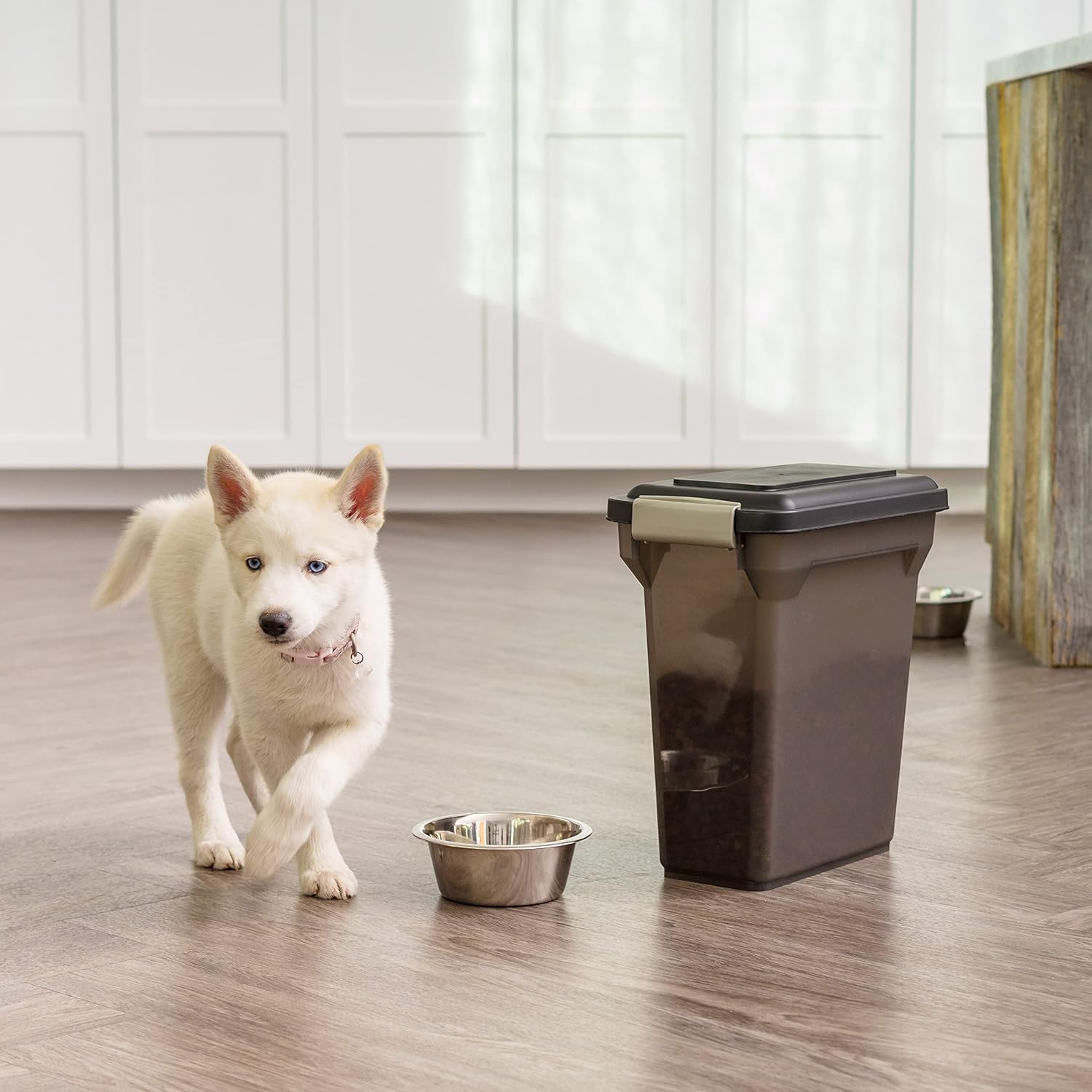 IRIS USA dog food storage container with a translucent body visible from the side.