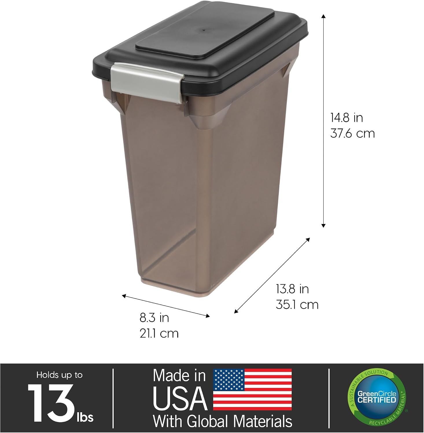IRIS USA dog food storage container showing the lid and snap-lock latches.