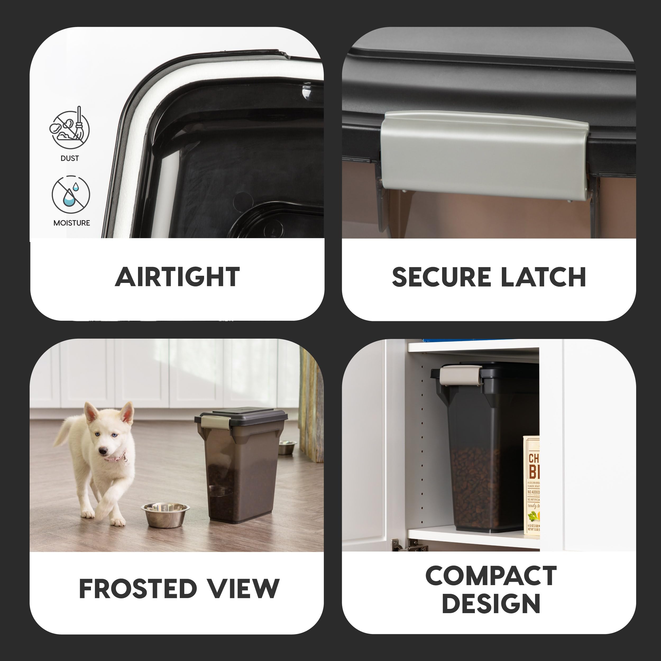 IRIS USA dog food storage container viewed from above with its lid closed.