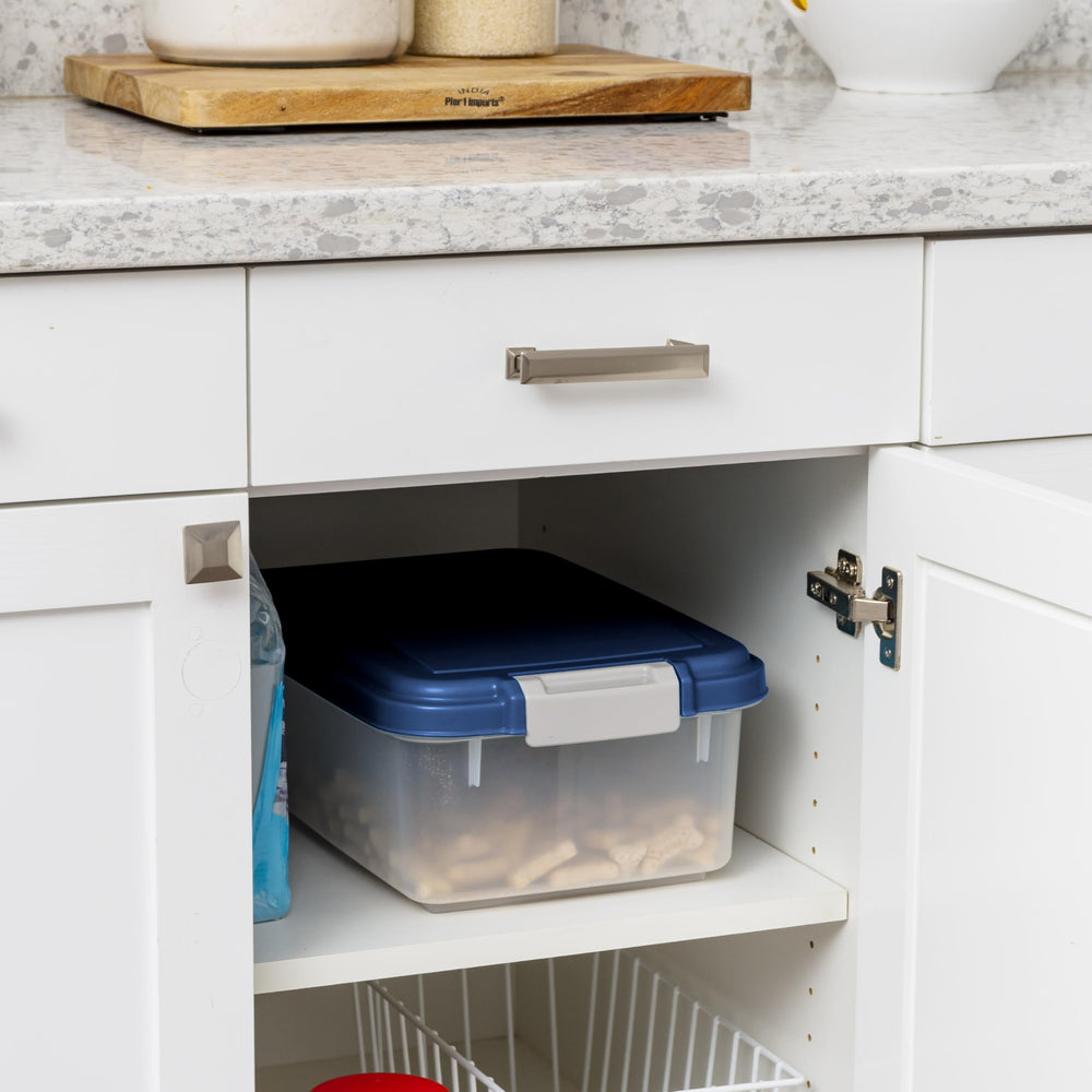 IRIS USA Dog Food Storage Container shown from the side to show its low-profile shape.