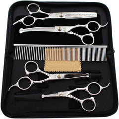 iSeaFly grooming scissors kit showing the four shears, pet comb, cleaning cloth and black leather case.