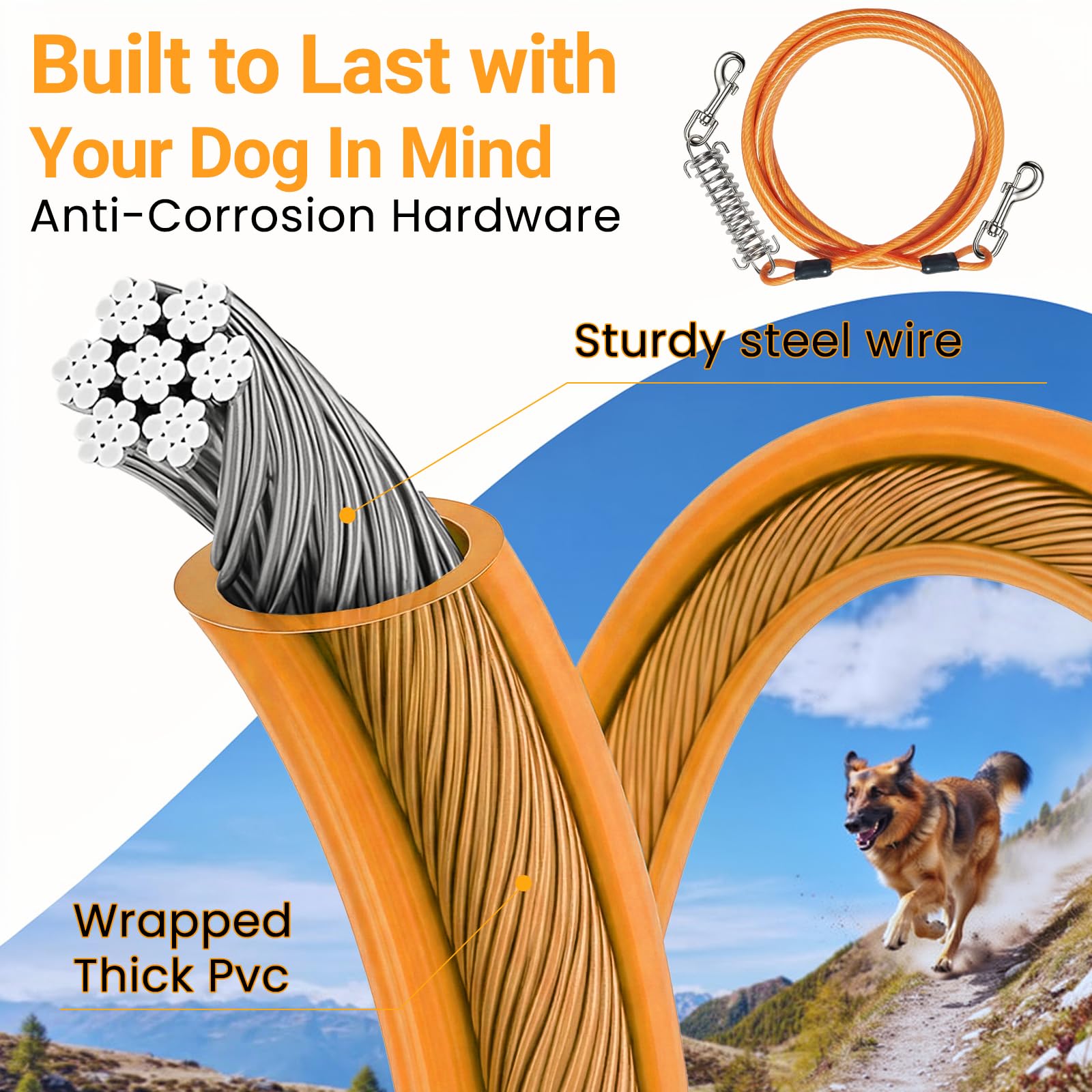 J-TECH DYNAMICS Dog Runner Trolley Cable 304 stainless steel buckles close-up.