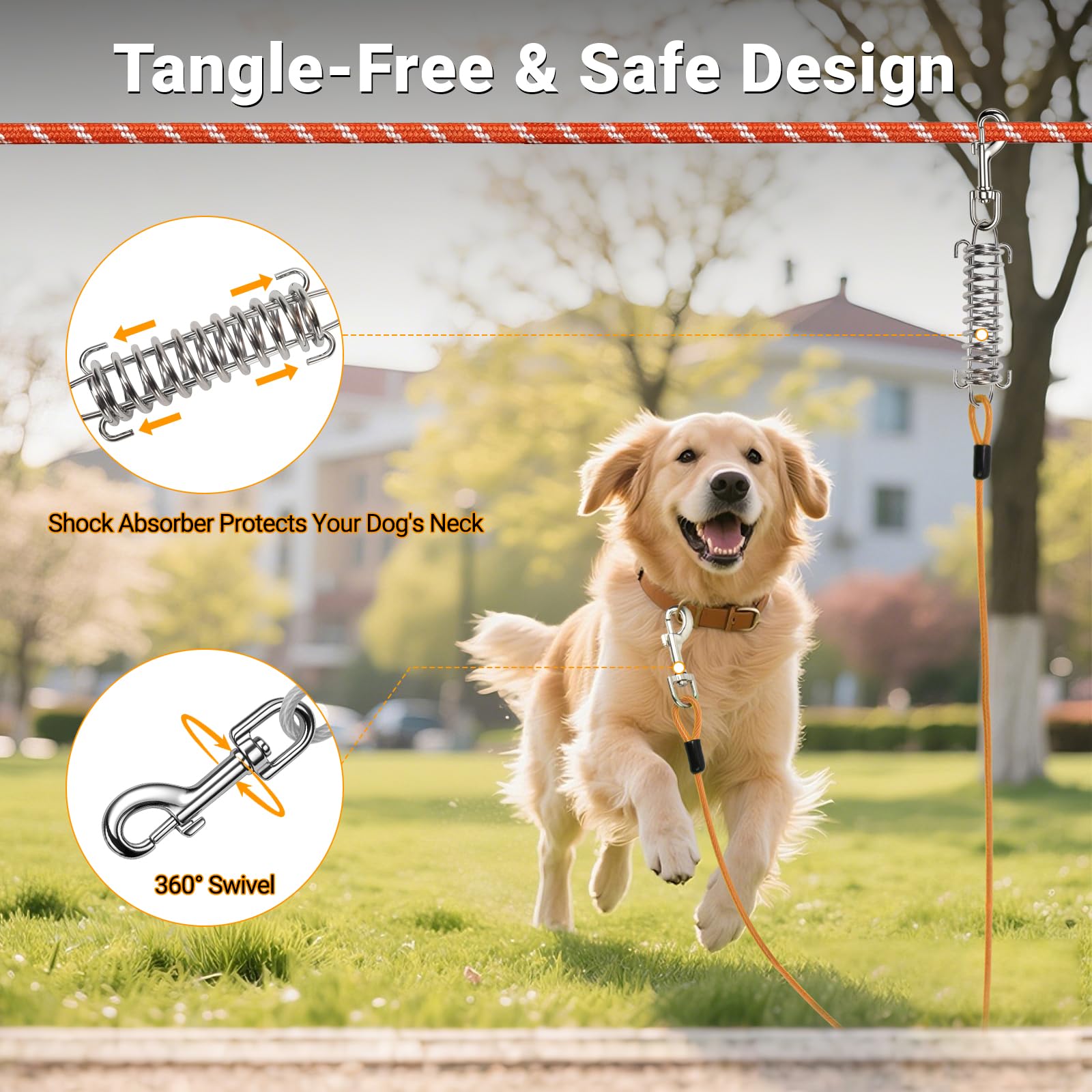 J-TECH DYNAMICS Dog Runner Trolley Cable arranged as an overhead run between trees.