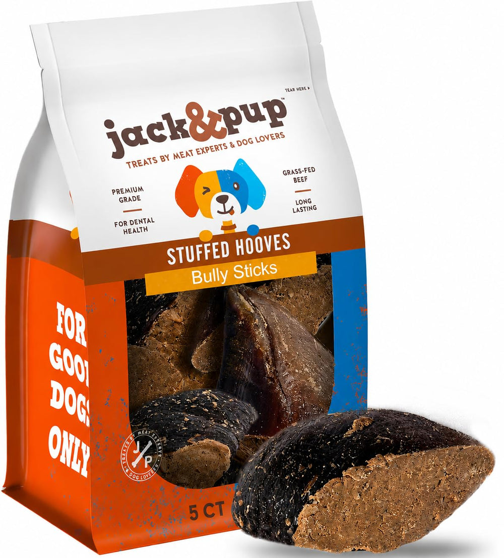 Jack&Pup Filled Cow Hooves shown from the front as a dog chew.