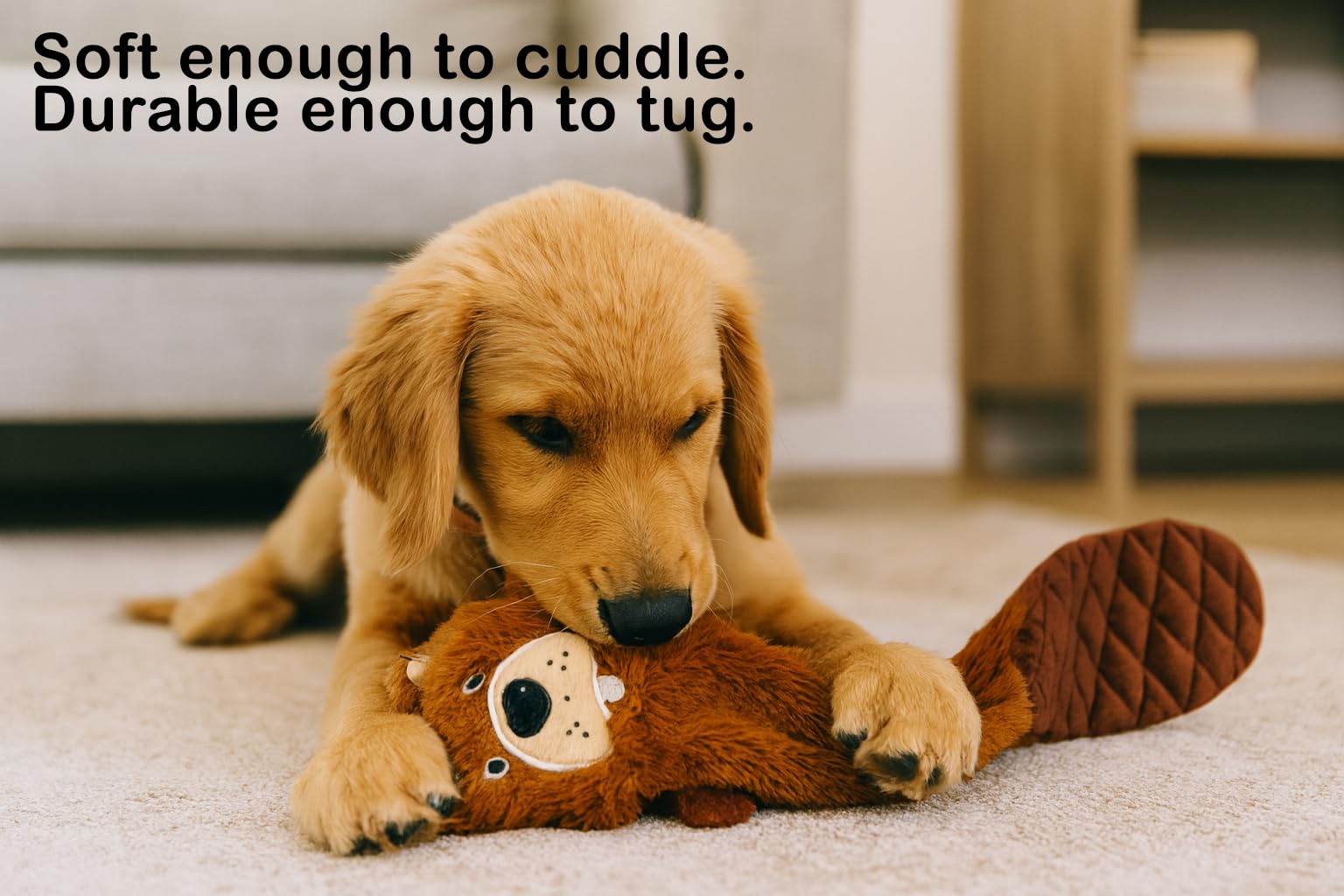 Jalousie stuffingless dog toy in the beaver design.
