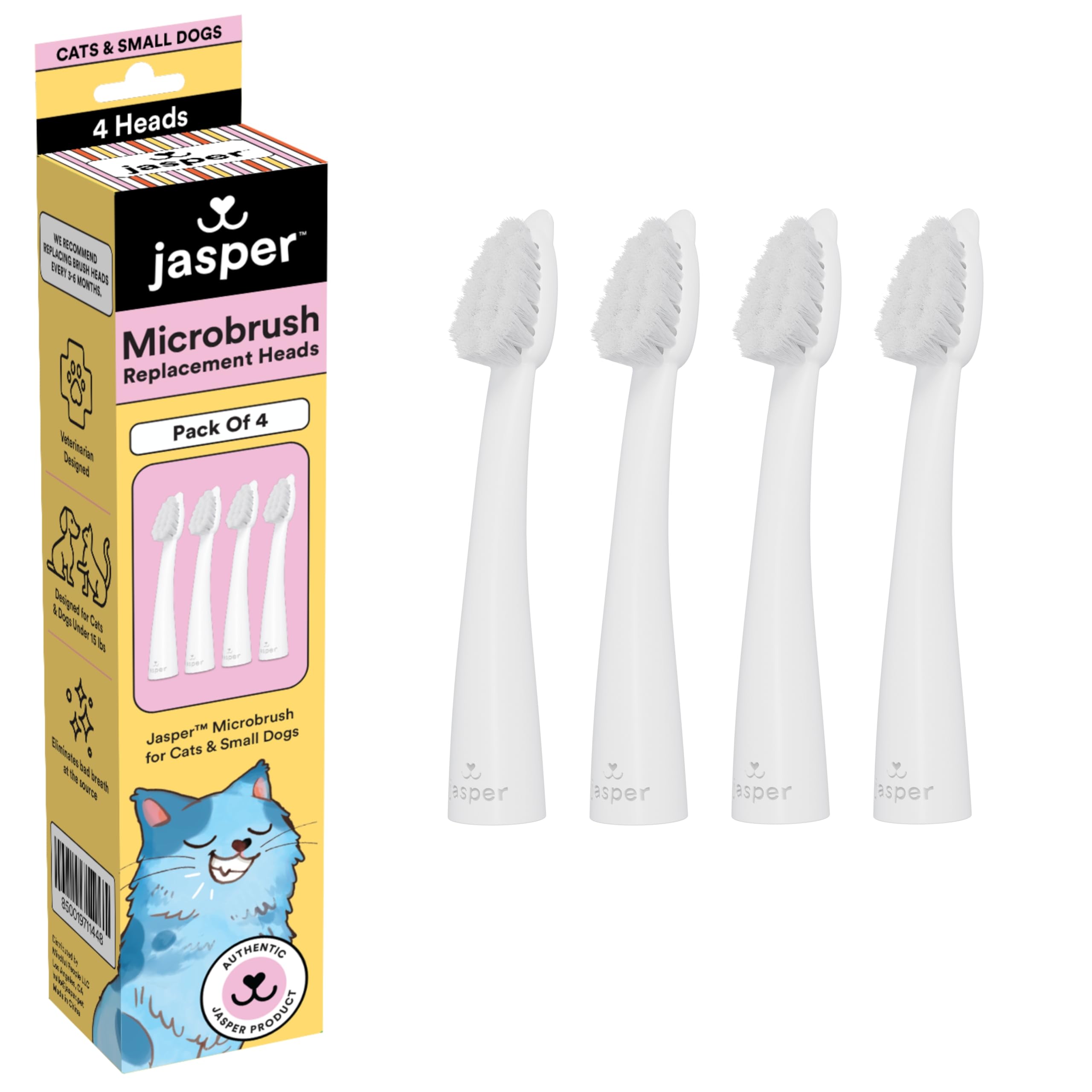 Jasper Microbrush cat toothbrush replacement heads shown together as a four-count set.