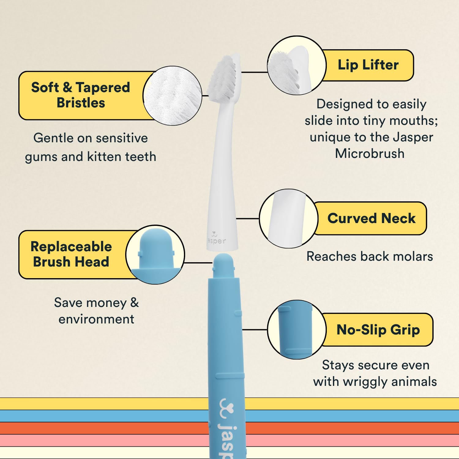 Jasper Microbrush cat toothbrush showing its extra-narrow head.