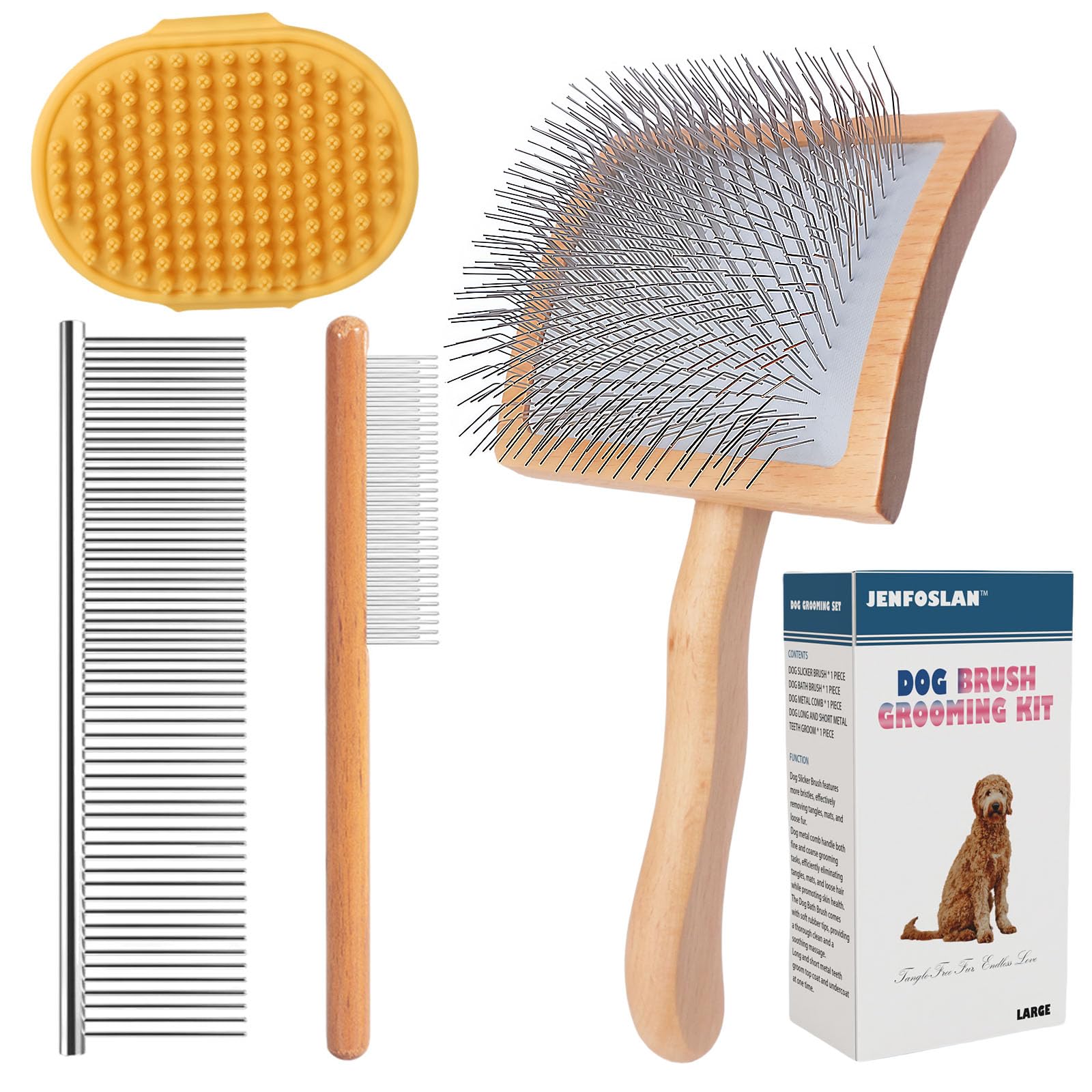 JENFOSLAN dog grooming kit with a slicker brush, two combs, and a bath brush.