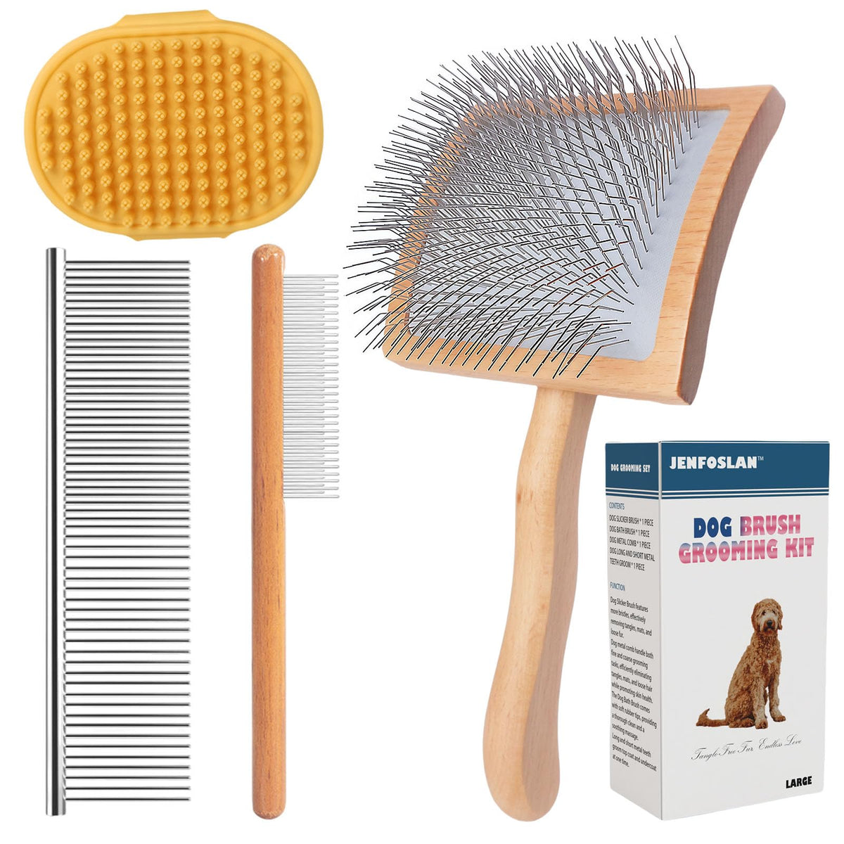 JENFOSLAN dog grooming kit with a slicker brush, two combs, and a bath brush.