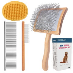 JENFOSLAN dog grooming kit with a slicker brush, two combs, and a bath brush.