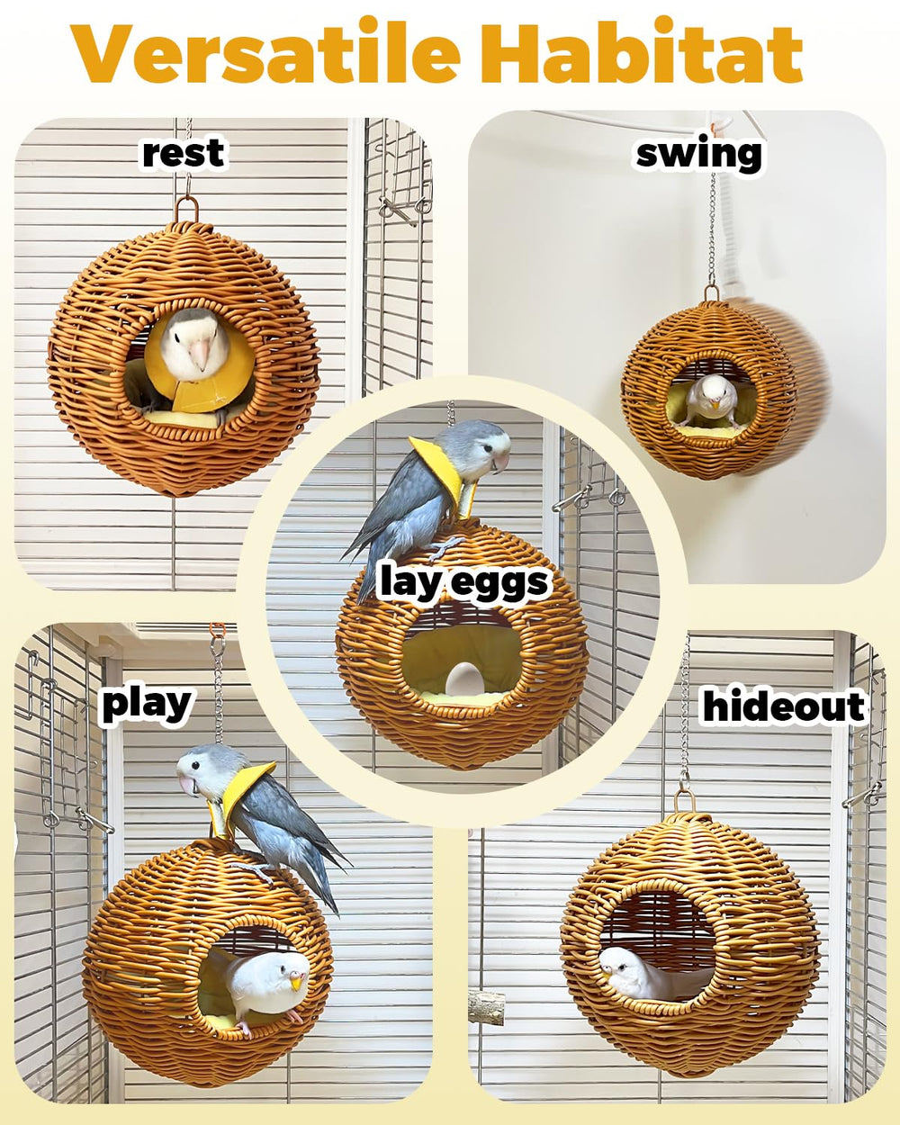 Jevnd bird nest hammock shown in use as a bird resting spot.