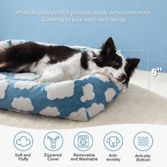 JOEJOY dog bed detail showing the blue cloud pattern across the soft fabric.