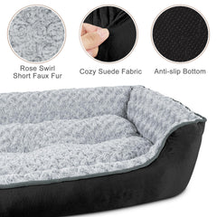 JOEJOY Rectangle Dog Bed close-up of the rose-swirl faux fur and suede fabrics.