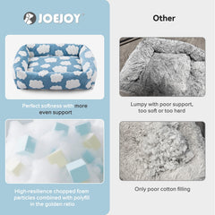 JOEJOY dog bed filling detail showing chopped foam and polyfill cushioning.