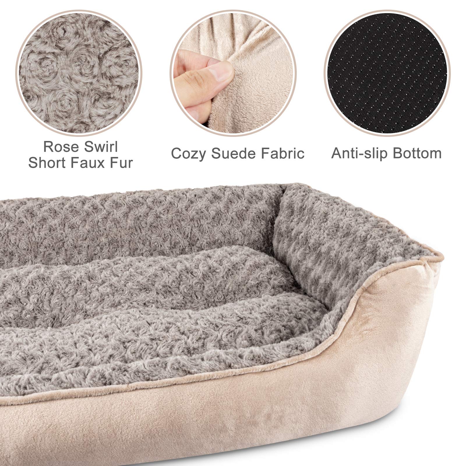 JOEJOY Rectangle Dog Bed close-up of its rose-swirl short faux-fur cover.