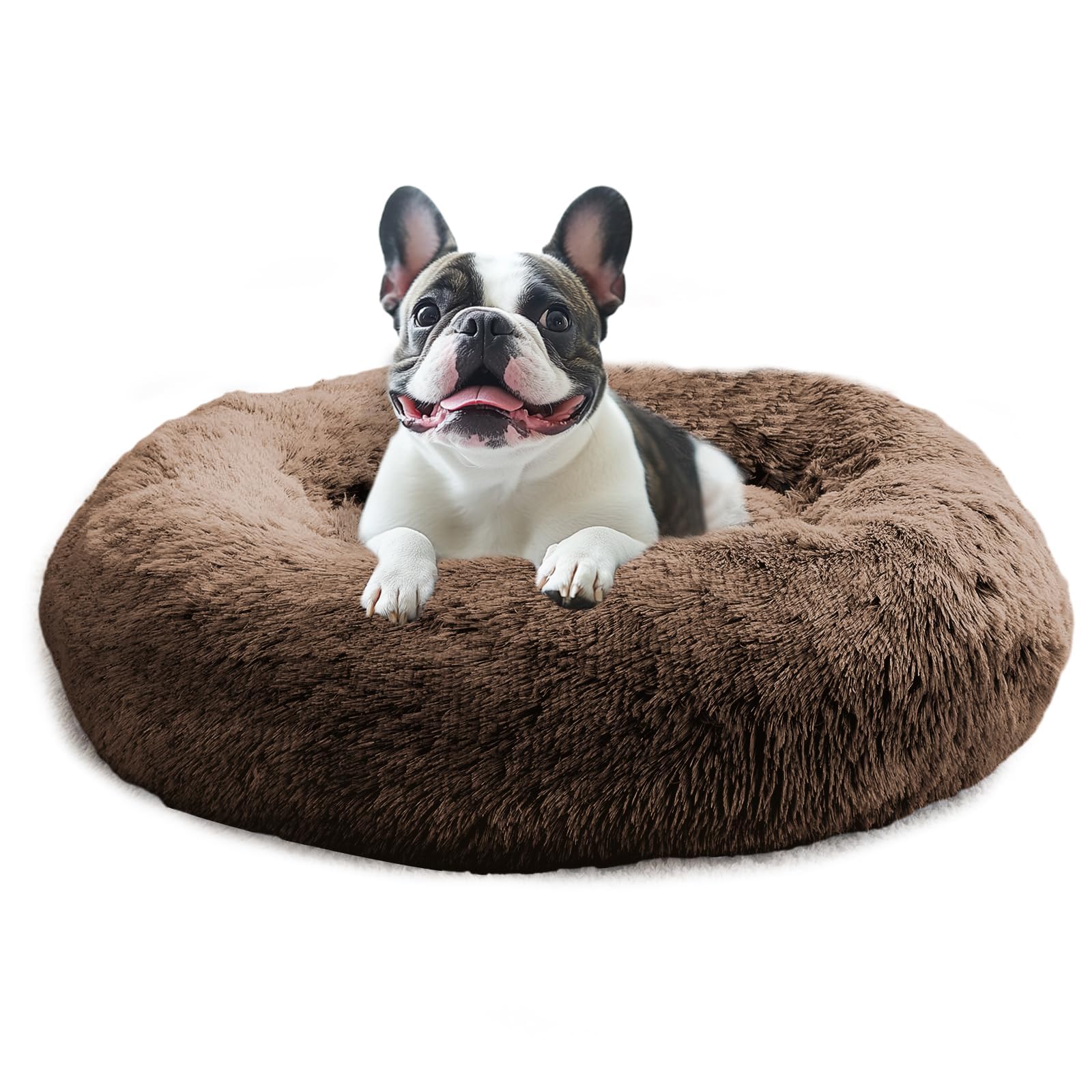 JOLLYVOGUE donut bed shown from the front in its round coffee-colored shape.