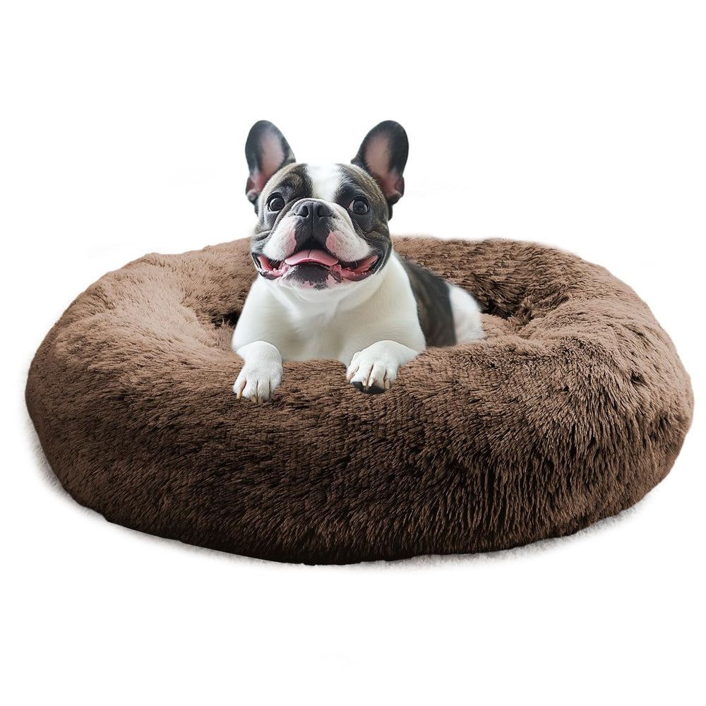 JOLLYVOGUE donut bed shown from the front in its round coffee-colored shape.
