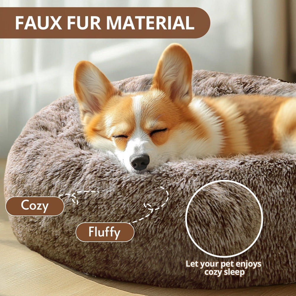 JOLLYVOGUE donut dog bed close-up of its fluffy faux-fur surface.