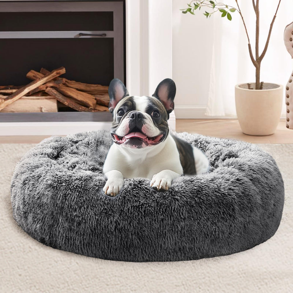JOLLYVOGUE donut dog bed shown from the front in smoke black.