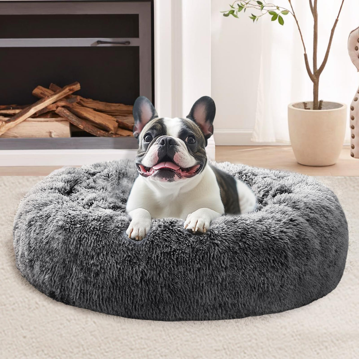 JOLLYVOGUE donut dog bed shown from the front in smoke black.