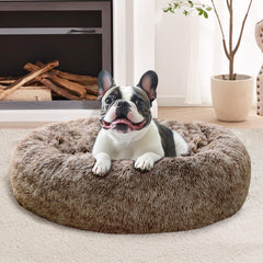 JOLLYVOGUE donut dog bed shown from the front in smoke brown.