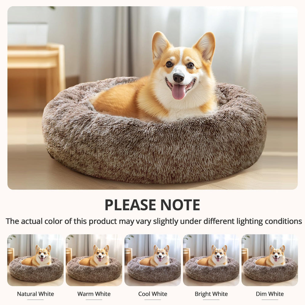 JOLLYVOGUE donut dog bed shown ready for gentle-cycle machine washing.