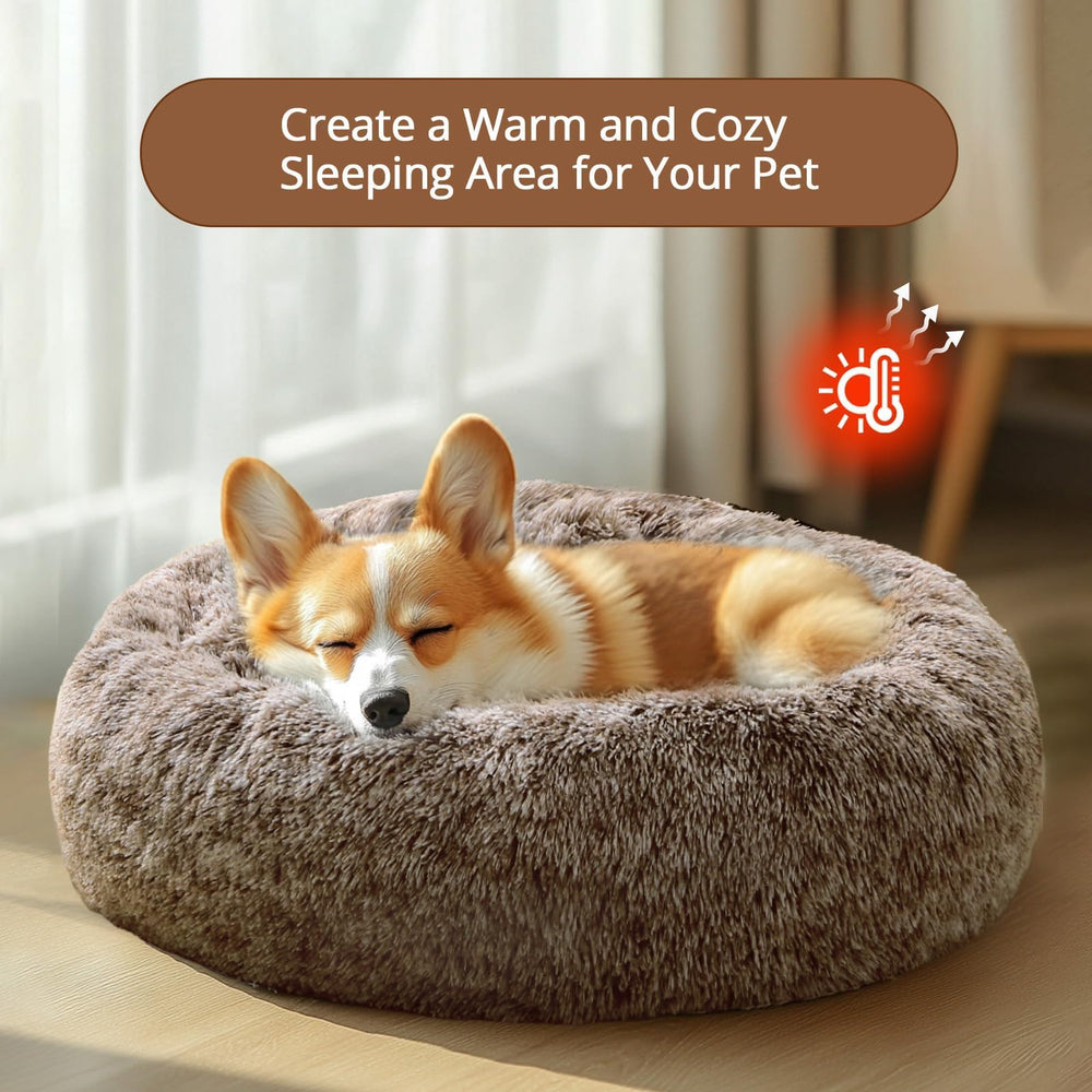 JOLLYVOGUE donut dog bed shown with a puppy resting inside.