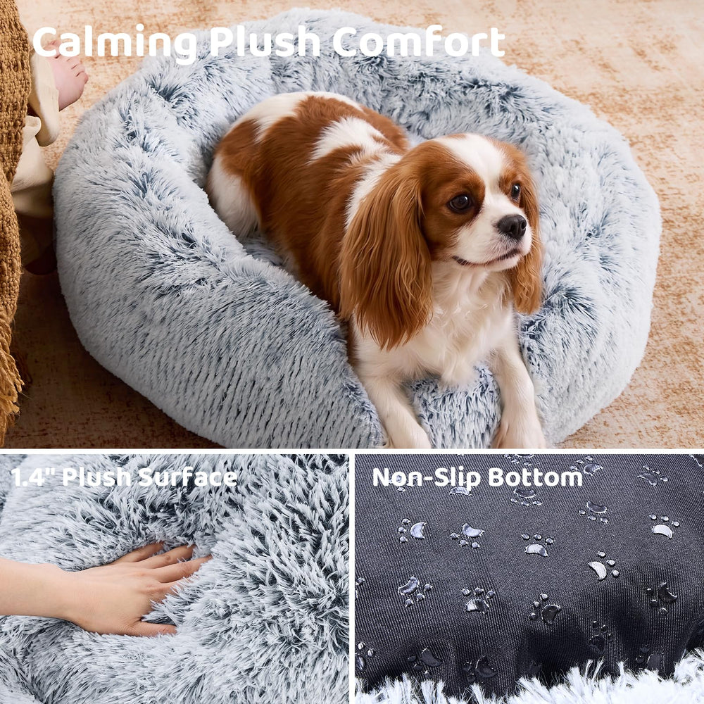 A dog curled up in the JOLLYVOGUE donut pet bed.