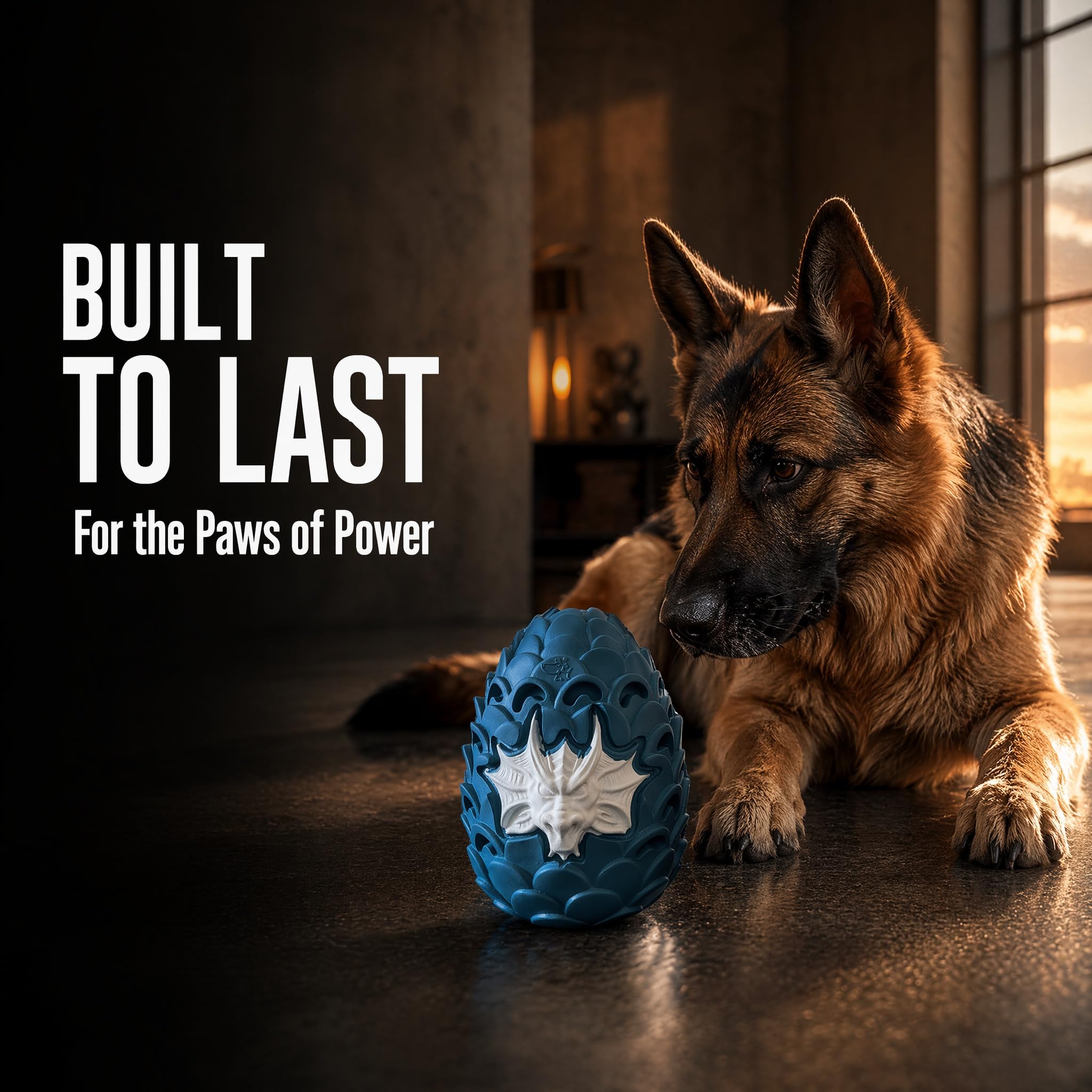 A dog chewing the Jomilly Dragon Egg Dog Chew Toy.