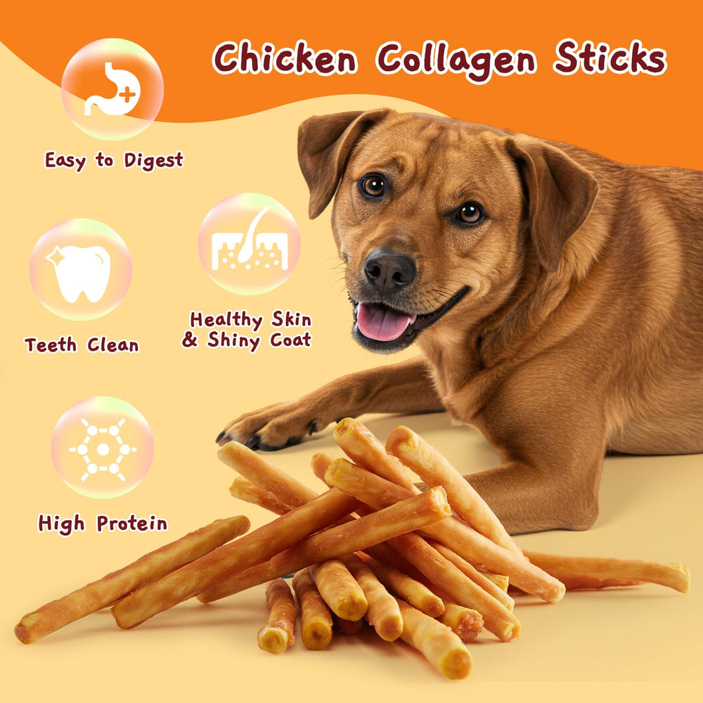 A dog chewing Jungle Calling Chicken Collagen Sticks.