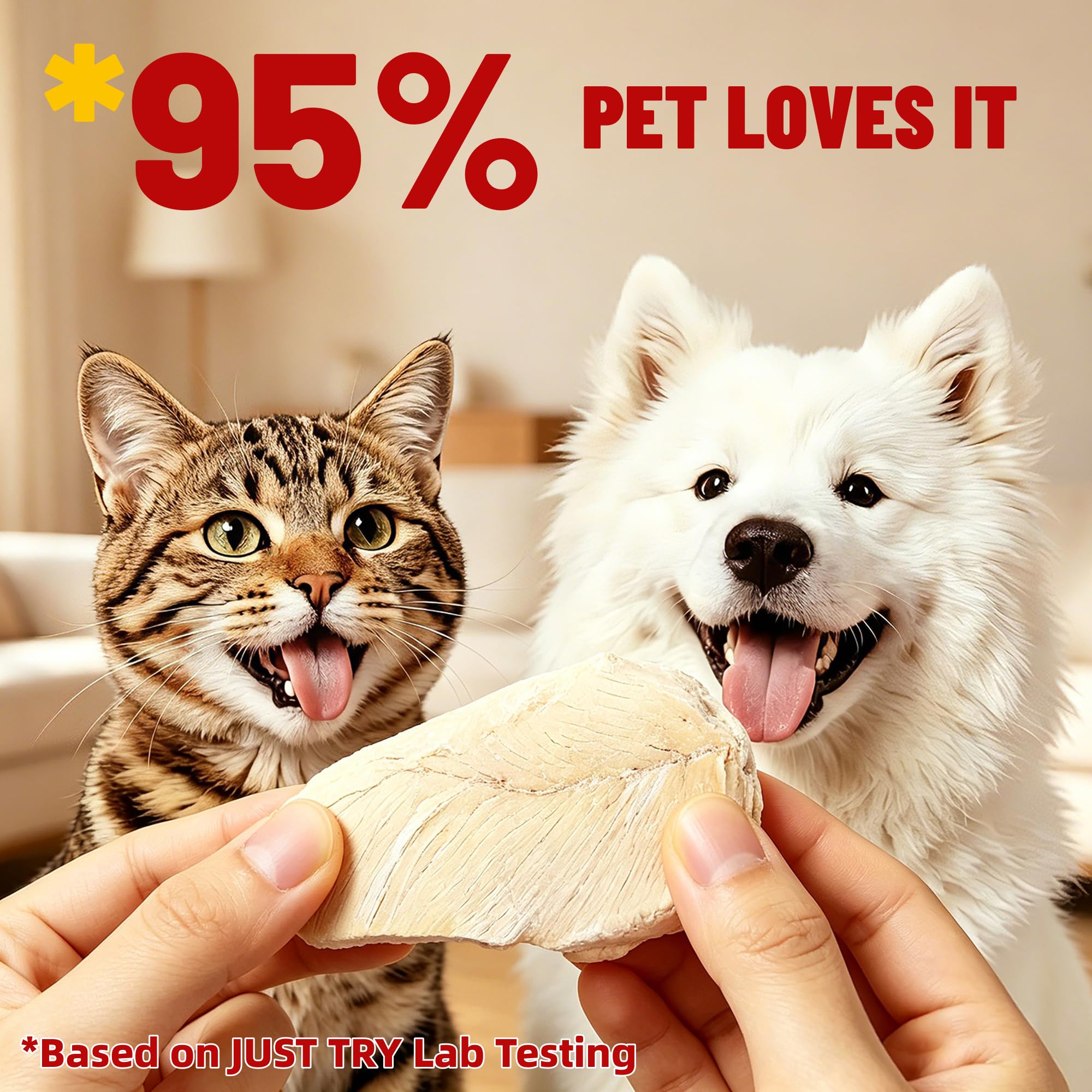 Just Try chicken breast treat pieces served as a topper for cat food.